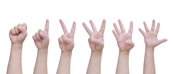 Child hand counts from Zero to Five isolated on transparent background PNG file