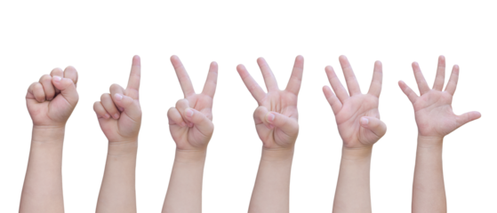Child hand counts from Zero to Five isolated on transparent background PNG file