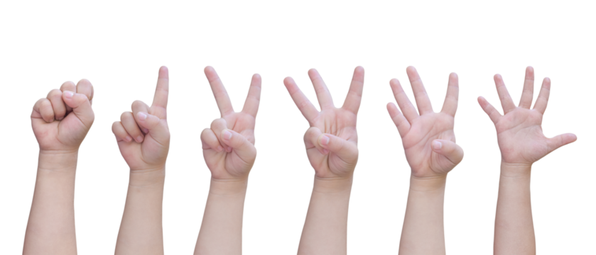 Child hand counts from Zero to Five isolated on transparent background PNG file