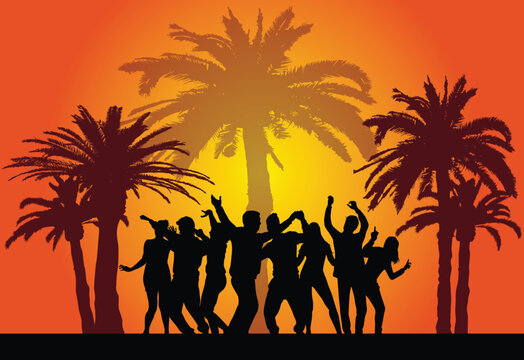 Dancing silhouettes of people under the palm trees.	