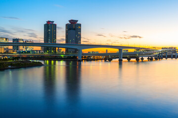 beautiful splendor sunset landscape with silhouette of modern architecture Tokyo, Japan, travel background, panorama