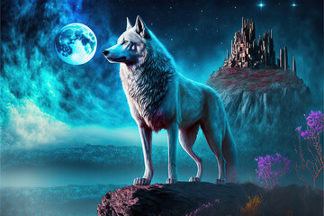 white wolf in a magical fantasy landscape at night, Generative AI