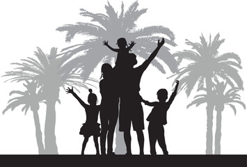 Family on vacation. Silhouettes of people under palm trees.