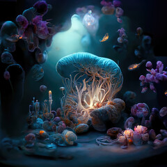 Bioluminescent Scene With Mermaids Underwater Among. Generative AI