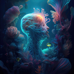 Bioluminescent Scene With Mermaids Underwater Among. Generative AI