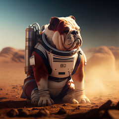 Bulldog with astronault clothes futuristic mars. Generative AI