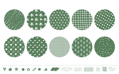 シンプルでおしゃれな北欧風てがきの模様やパターン・柄のあしらいセット_ベクター素材_深緑_丸_文字なし