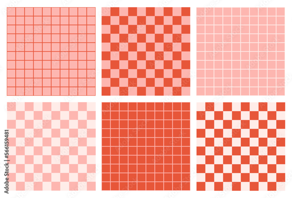 Leinwandbilder Retro checkered colorful set backgrounds. Abstract vector seamless pattern. Retro checkerboard in style 60s, 70s. Pink and red colors
