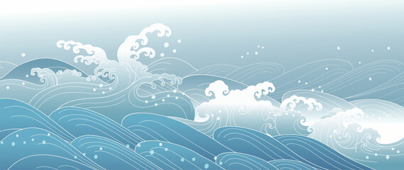 Fototapeta na wymiar Traditional Japanese wave pattern vector. Luxury hand drawn oriental ocean wave splash line art pattern background. Art design illustration for print, fabric, poster, home decoration and wallpaper.