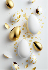 Easter White Eggs With Gold Foil Decoration On White Background. Generative AI