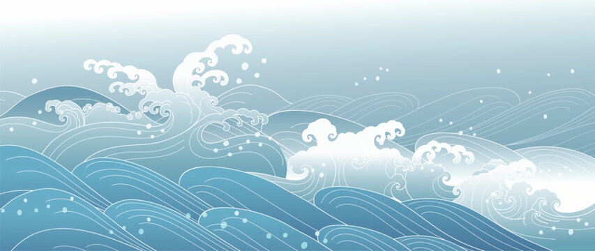 Traditional Japanese wave pattern vector. Luxury hand drawn oriental ocean wave splash line art pattern background. Art design illustration for print, fabric, poster, home decoration and wallpaper.