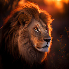 Naklejka premium The King of the Jungle in All His Glory: Majestic Lion with Golden Mane and Piercing Green Eyes in a Stunning Natural Habitat. Generative AI