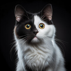 This half-white, half-black cat sits regally, gazing directly at the camera with its dilated pupils, adding to its already adorable appearance. by Generative AI.