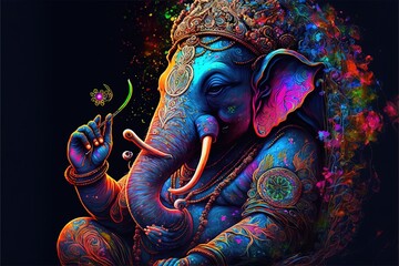 Generative AI on statue of Lord Ganesha , Ganesha Festival. Hindu religion and Indian celebration of Diwali festival concept on dark, red, yellow background and copy space - obrazy, fototapety, plakaty