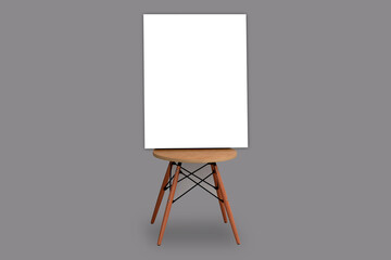 Easel stand board with blank white poster mockup isolated. Wooden easel art painting paper frame stand or poster.White easel stands next to bright grey wall, 3d rendering.