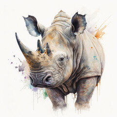 Rhino in watercolor on white background. Generative AI