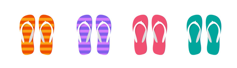 Flip flops beach sandals icon set vector isolated, flipflop rubber slippers shoes top view red pink green blue orange purple graphic design clipart illustration on white background clipart image