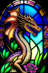 Mythical Dragon's Glass Odyssey - Stained Glass Art AI Digital Design