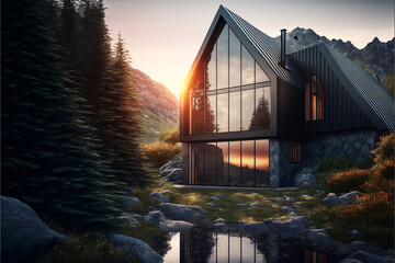 Huge modern design house with black facade in the nature. Warm colors. Designed using generative ai.