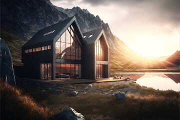 Huge modern design house with black facade in the nature. Warm colors. Designed using generative ai.