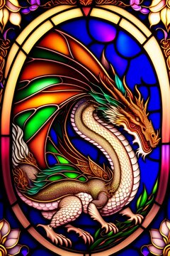 Celestial Dragon's Glass Dominion - Stained Glass Art AI Digital Design