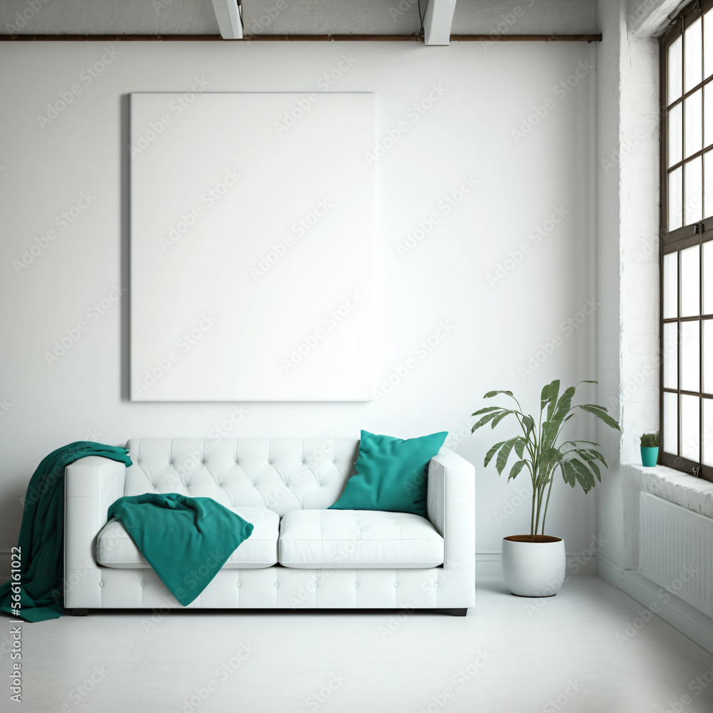 Aufkleber white blank canvas hanging on wall. poster mockup. designed using generative ai.