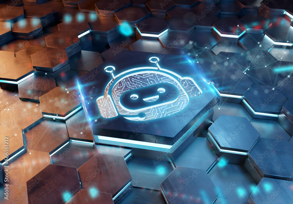 Aufkleber Chatbot icon concept engraved on metal hexagonal pedestral background. Chat bot assistance logo glowing on abstract digital surface. 3d rendering