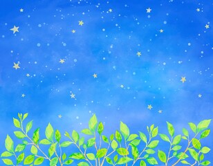 Fototapeta na wymiar 夜空の下で風にそよぐ枝葉のフレーム。水彩絵の具で描いたイラスト。