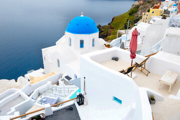 Greek Island blue dome Church, Santorini, Greece