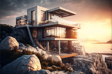 Futuristic modern design villa above a cliff by the sea. Designed using generative ai.