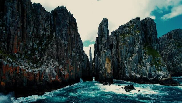 Cape Hauy Drone Flys at Sea Level Towards Cliffs in Tasmania, Australia 2