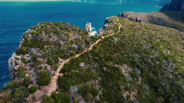 Cape Hauy Drone View of Trail Atop Cliffs in Tasmania, Australia