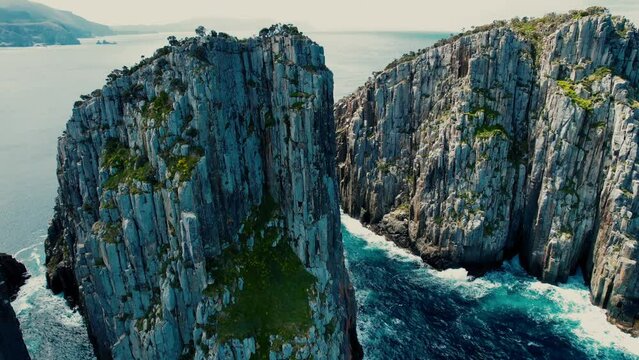 Cape Hauy Drone Long Panned View of Cliffs in Tasmania, Australia
