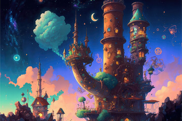 Landscape with castle and moon art illustration. Generative AI.