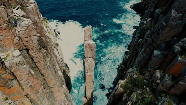 Cape Hauy Drone Flys over Lone Dolerite Pillar in Tasmania, Australia