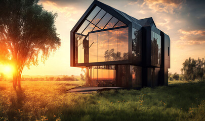 Huge modern design house with black facade in the nature. Warm colors. Designed using generative ai. 