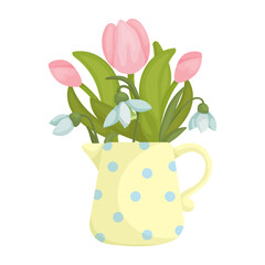 Bouquet of pink tulips and snowdrop flowers in a vintage bucket.Vector graphics.