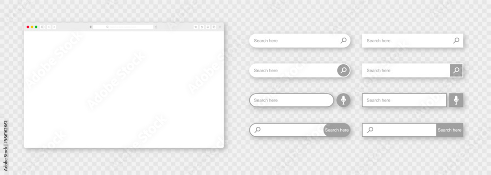 Poster Browser window and various search bar set. Realistic empty webpage with toolbar and search bars with shadow. Browser window mockup and website interface elements. Vector illustration.