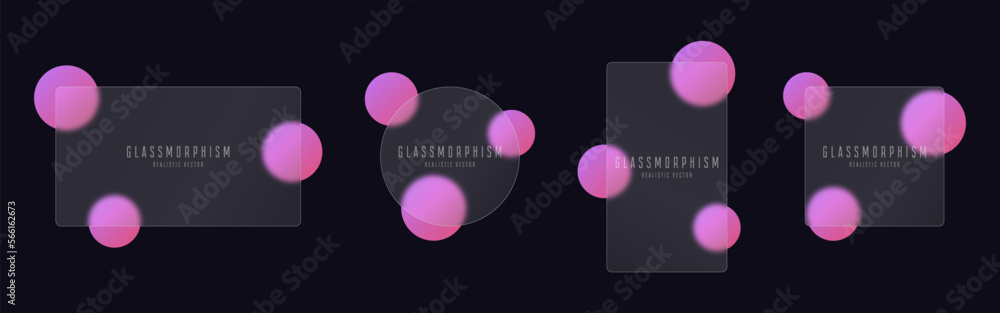 Poster glassmorphism banners set. transparent glass plates on pink gradient circles. frosted acrylic or mat