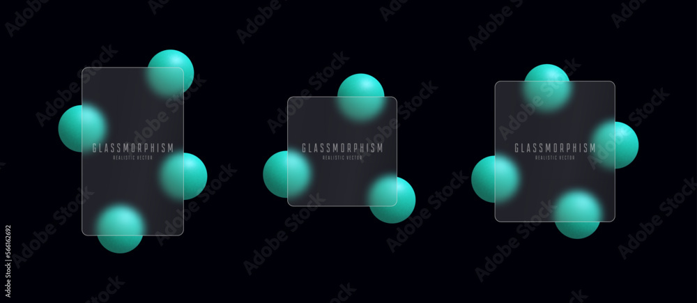 Poster glassmorphism banners set. transparent glass plates on green 3d circles. frosted acrylic or matte pl