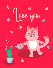 Cute cat watering a cactus from a watering can isolated on pink background