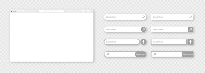 Browser window and various search bar set. Realistic empty webpage with toolbar and search bars with shadow. Browser window mockup and website interface elements. Vector illustration.