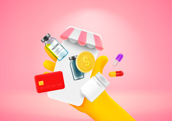 Making purchase in online pharmacy. 3d vector illustration