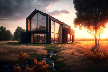 Huge modern design house with black facade in the nature. Warm colors. Designed using generative ai. 