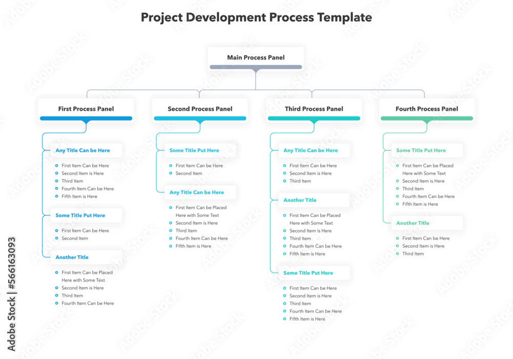 Aufkleber Project development process template with four stages. Simple flat template for data visualization.