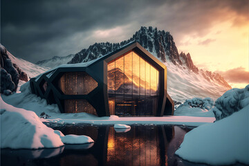 Huge design villa made of black concrete in winter landscape with mountain. Designed usinge generative ai.