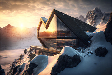 Huge design villa made of black concrete in winter landscape with mountain. Designed usinge generative ai.