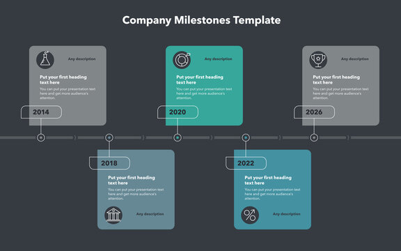 Company milestones template with five stages - dark version. Slide for business presentation.