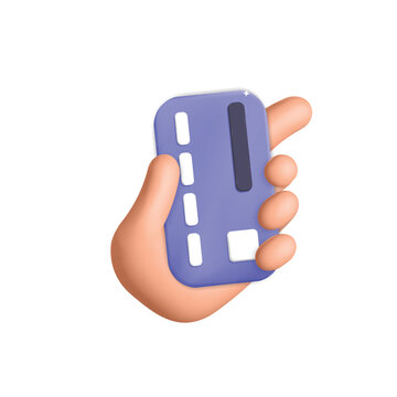 3d vector cartoon render hand holds credit banking plastic purple card for online payment design illustration