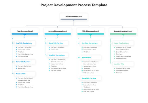 Project development process template with four stages. Simple flat template for data visualization.